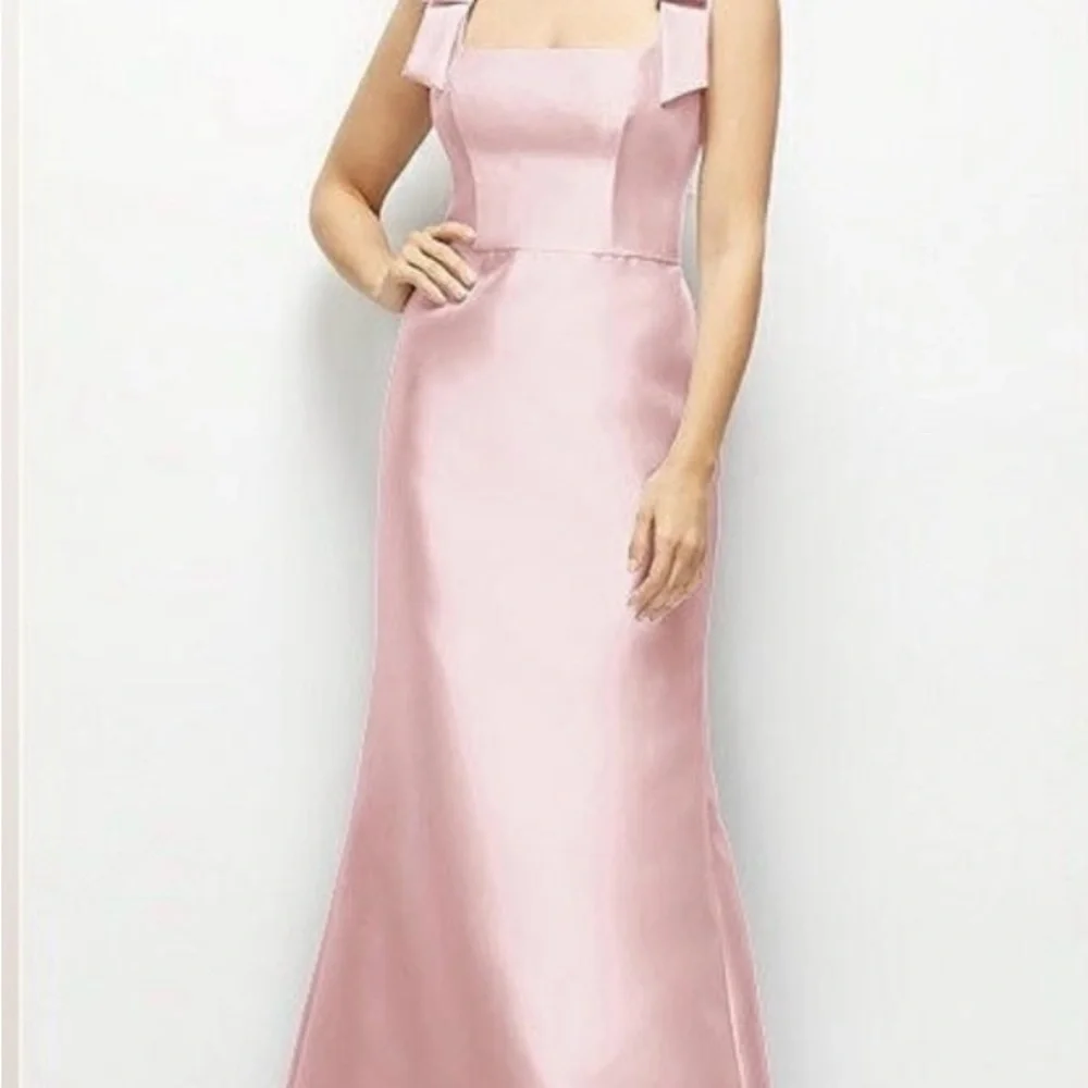 Alfred Sung Bow Strap Satin Twill Trumpet Gown in Blush Pink - Picture 2 of 12